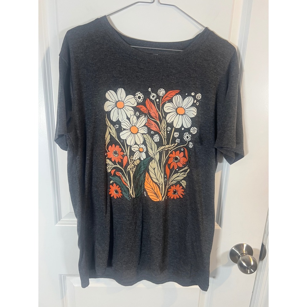 Unbranded Womens T-Shirt Floral Graphic Print Heather Gray Size M